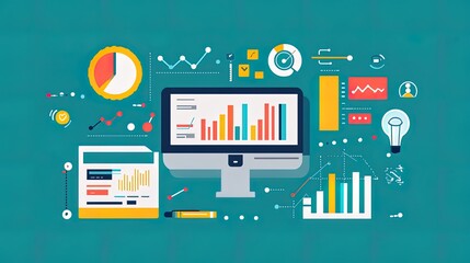 Flat design vector illustration of business icons and modern devices