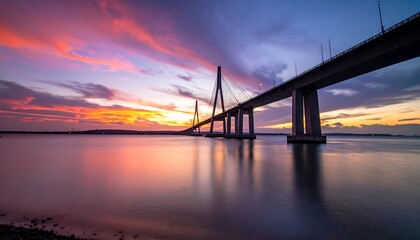 Obraz premium Sunset over Cable-Stayed Bridge, Coastal View