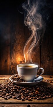 Rich aroma of freshly brewed coffee wafts up from a steaming cup