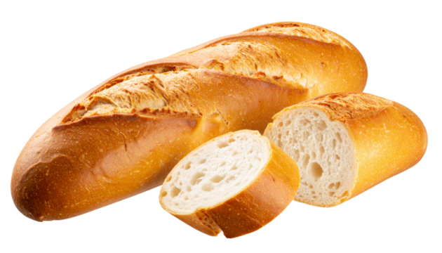French bread before and after being sliced, isolated on a transparent background