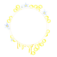 Golden honey comb with marigolds wreath frame border, hand drawn watercolor illustration isolated on white background. Can be used for cards, invitation and other printed products.