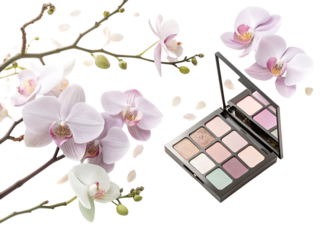 Delicate orchids frame a makeup palette isolated on a transparent background flowers eyeshadow