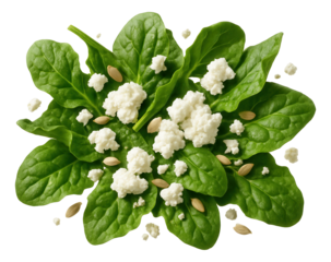 Spinach leaves torn, with crumbled cotija and sunflower kernels.