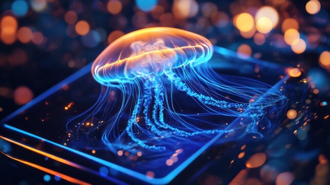 Glowing jellyfish on futuristic screen, bokeh lights background - Powered by Adobe