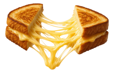 Cheese strands stretching between two halves of a toasted sandwich.