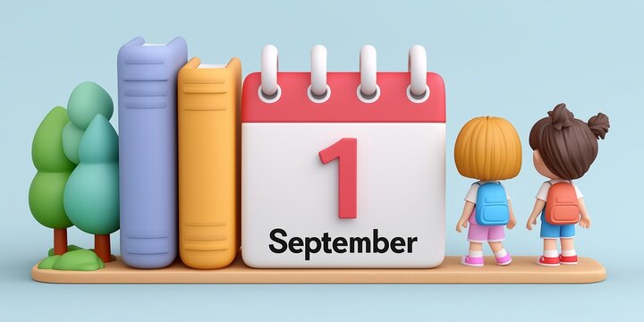 A 3D illustration of two children with backpacks standing near books and a calendar showing September 1st. Perfect for themes of back to school, education, and learning.