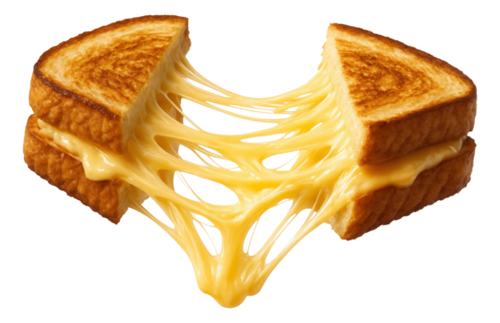 Cheese strands stretching between two halves of a toasted sandwich.