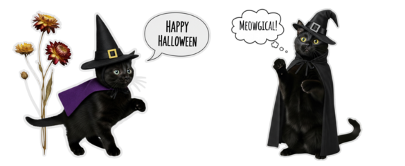 A black cat in a Halloween witch costume with speech bubbles saying "HAPPY HALLOWEEN" and "MEOWGICAL!", isolated on a transparent background