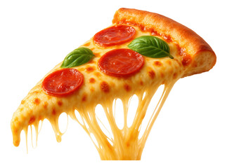 Cheesy pizza portion with visible cheese fibers pulling