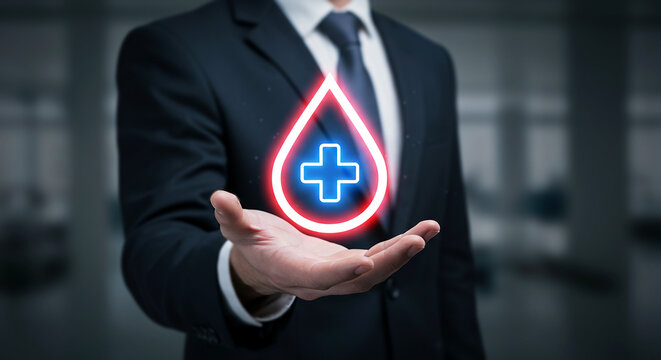Business Professional holding glowing blood drop icon