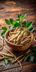 Fresh ashwagandha roots and leaves arranged in a decorative bowl with a natural and earthy ambiance