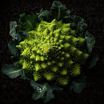 Fractal patterns in green Romanesco broccoli against a dark, patterned background