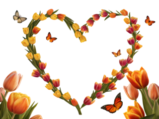 Golden yellow and orange tulips heart shaped arrangement with butterflies isolated on a transparent background