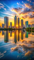 Fototapeta premium Towering skyscrapers reflected in the calm waters of a serene lake at sunset