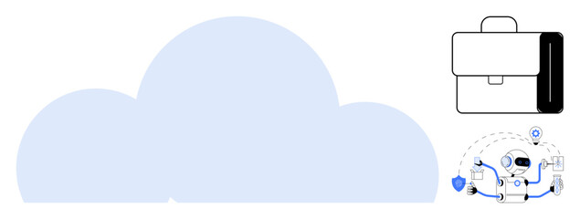 Fototapeta premium Large blue cloud representing cloud computing, a business briefcase symbolizing operations, and a robot emphasizing AI technology and automation. Ideal for cloud services, AI, automation, digital