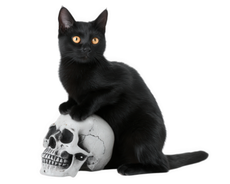Black cat skull glowing eyes sitting Halloween spooky animal feline mysterious dark isolated transparency background pet horror creepy orange eyes superstition gothic scary bone skeleton fear