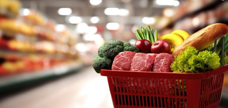 The Grocery Basket Brimming with Fresh Produce and Raw Meats in a Bright Store Aisle