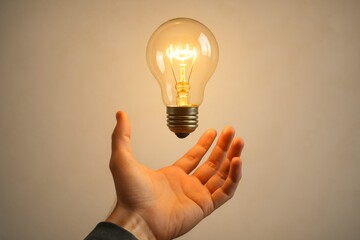 Glowing incandescent light bulb on neutral beige background, symbolizing bright idea, innovation and inspiration