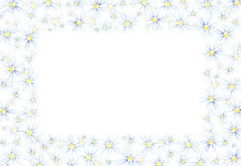 Blue marigold flowers frame border, hand drawn watercolor illustration isolated on white background. Can be used for cards, invitation and other printed products.