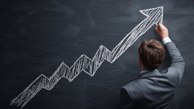 Business leadership and development concept illustrated as businessman drawing growth charts and diagrams on a blackboard, symbolizing strategy. - Powered by Adobe