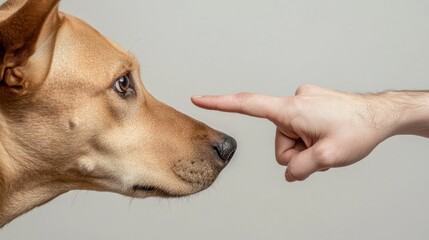 A brown dog with a white patch on its face is pointing at a human hand with its index finger.