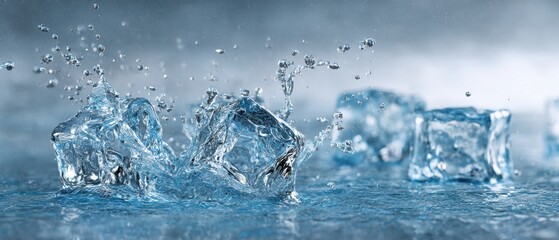 The Ice Cubes on a Glassy Surface in Motion Creating Refreshing Splash