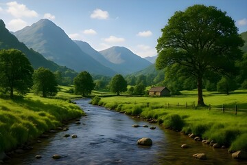 Idyllic Landscape A Serene River Flowing Through a Lush Green Valley with Rolling Hills and a Cozy Cabin