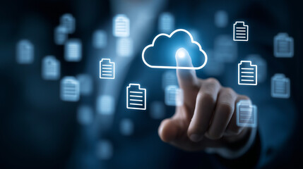 Fototapeta premium A human finger points toward a glowing cloud icon representing a document management system, symbolizing cloud storage, data access, and digital organization on a blue futuristic background. 