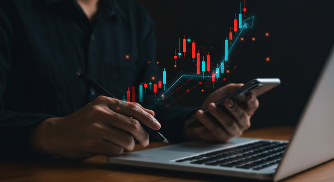 fiancial Trader Analyzing Market Data on Laptop and Phone