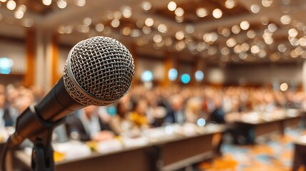 Speech venue microphone, close-up shot, business conference speaking scene