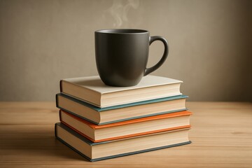 Stack of books with ceramic coffee mug on top against neutral background, conveying education, reading and a calm learning atmosphere
