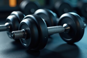 Close-up of chrome dumbbells, textured rubber grips , weights, close-up, bodybuilding