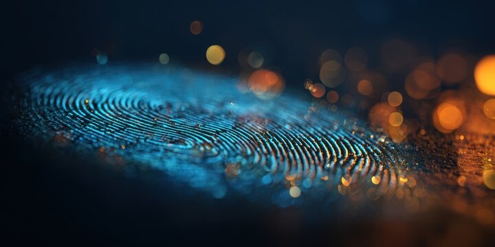 The fingerprint revealing intricate details under vibrant illumination and a dark background.