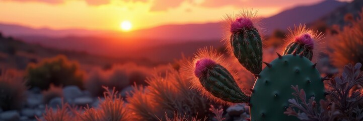 Close-up prickly pear cactus bathed in sunset hues, thorns, leaves