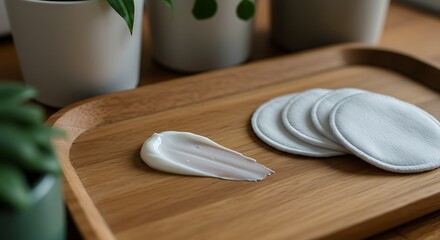 Natural Skincare Products with Cosmetic Cream and Cotton Pads on Wooden Tray