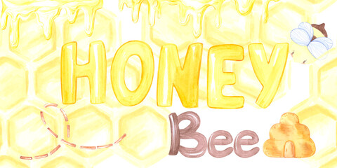 Golden honey bee text comb and bee seamless frame border, hand drawn watercolor illustration isolated on white background. Can be used for cards, textile tape and other printed products.