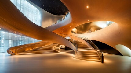 Interior shot of a building with curved, wooden structures, and a grand staircase