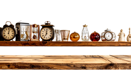 Wooden shelf displaying home decoration with transparent background