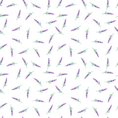 Purple lavender flowers, hand drawn watercolor seamless pattern. Illustration isolated on white background. Can be used for textile, fabric scrapbook and other printed products.