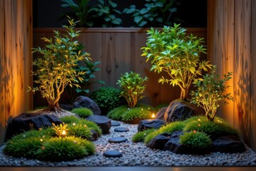 Obraz premium a zen inspired miniature garden with bamboo, moss, and low shrubs softly illuminated with diffused warm lights producing harmonious relaxing night ambiance