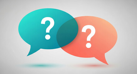 Two overlapping speech bubbles, teal and coral, each containing a white question mark, symbolize inquiry, dialogue, and communication