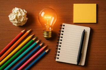 Creative workspace composition with glowing light bulb, colorful pencils and blank spiral notebook on warm wooden desk symbolizing inspiration, learning and planning