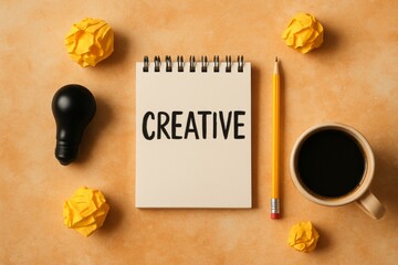 Notebook with word creative and pencil on yellow paper background beside black coffee cup and crumpled paper balls symbolizing brainstorming and planning