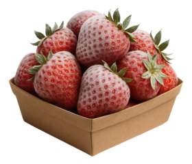 Frostbitten strawberries clustered together in a kraft paper box.