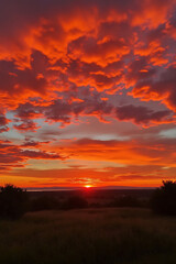 Obraz premium Blazing Sunset Over Horizon Fiery Clouds Nature's Canvas Dramatic Sky Evening Glow Tranquil Scene Outdoor Beauty Serene View