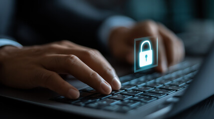 A business man working on a laptop with glowing lock symbols, representing data protection, cybersecurity, privacy, and secure digital operations.