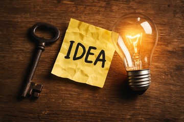 Vintage key and incandescent light bulb with yellow sticky note with the word idea on rustic wooden table, symbolizing creativity and unlocking inspiration