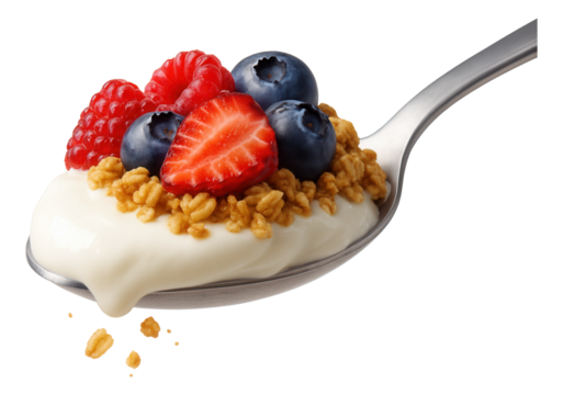 A spoon lifts a portion of layered granola parfait, with visible yogurt, granola, and berry segments.