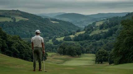 Man contemplating a vast green landscape with a golf club, in a quiet and inspiring scenery