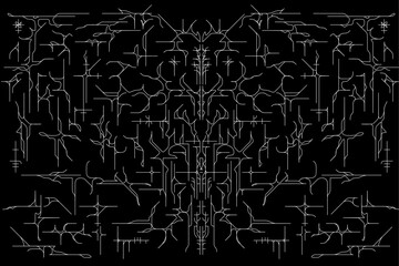 Neo tribal sigilism symmetrical shapes, cyber gothic y2k ornamental vector design on black background	